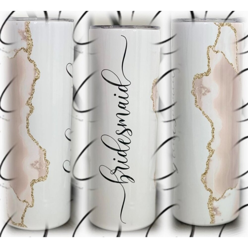 Bridesmaid Tumbler 20oz Stainless Steel With Straw & Glam Pink Gold Marble Desig